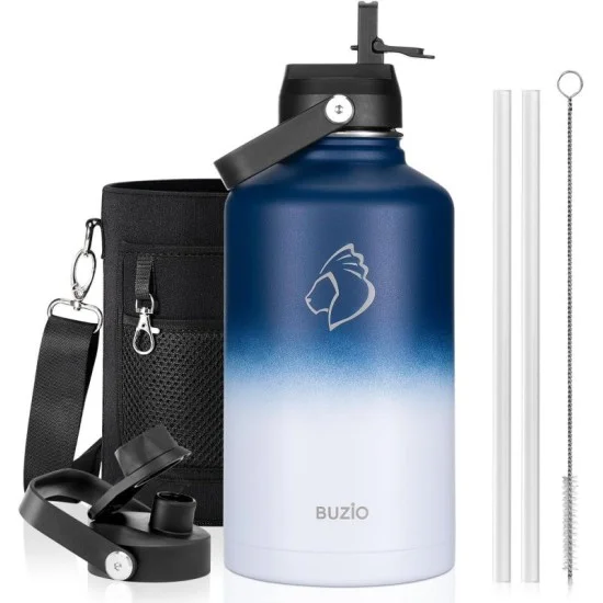 Buzio Duet Series Water Bottle with 2 Lids and Sleeve 1.9L - Blue White